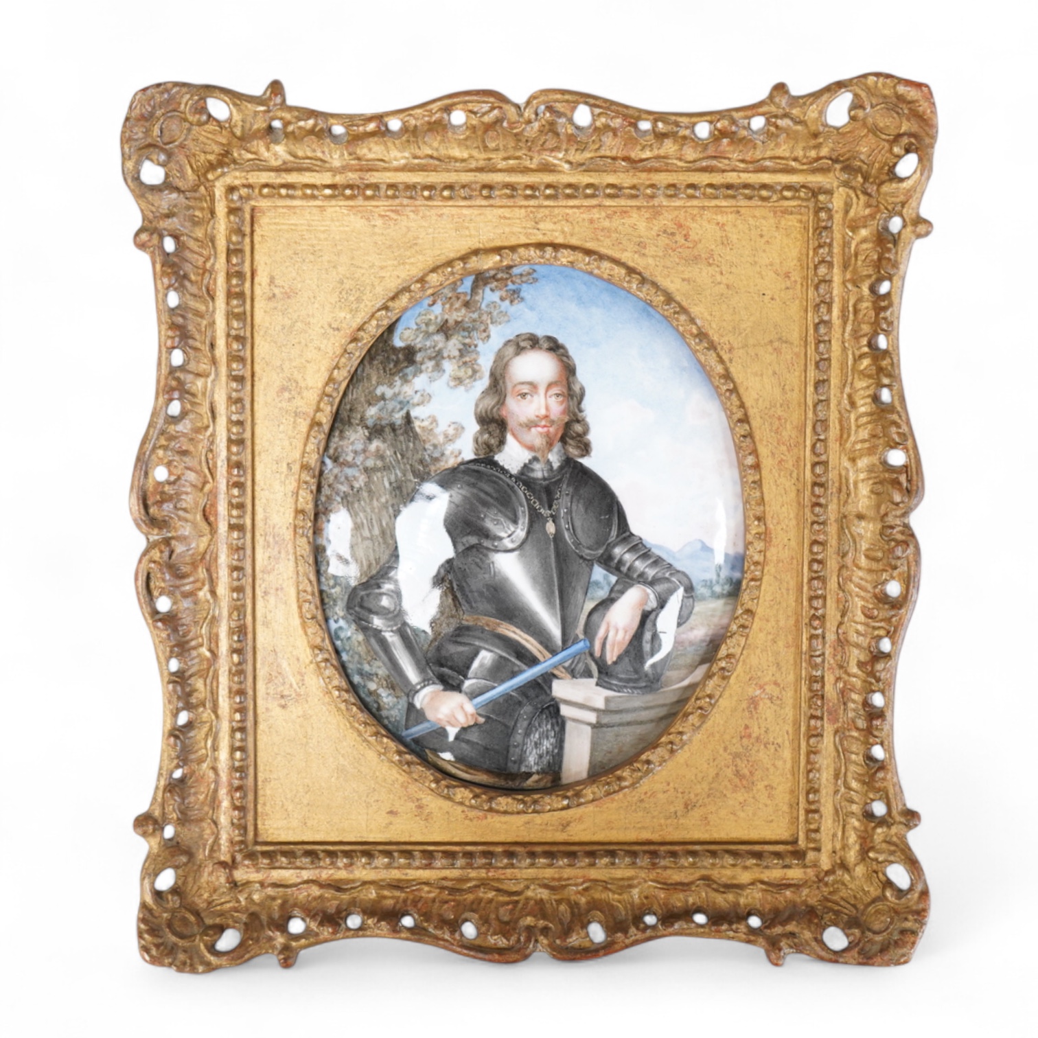 A gilt framed oval miniature of Charles I, enamel on copper, 15x12cm excl frame